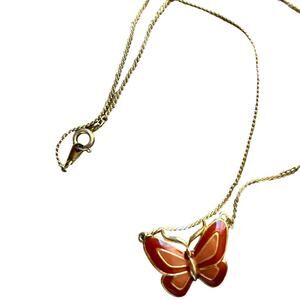 Vintage Gold Butterfly Necklace  Mod Burnt Orange red combo with gold detail